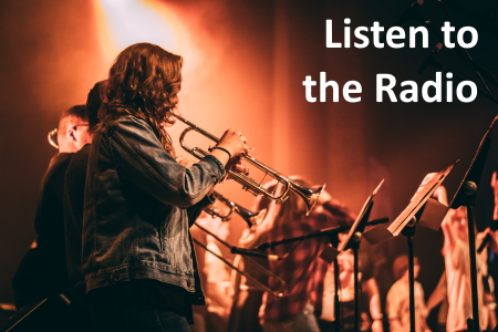 In Your Pocket Image of a trumpet player with the words "Listen to the Radio"