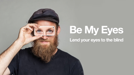 Picture of a Bearded man holding a phone across his eyes with the words "Be My Eyes"