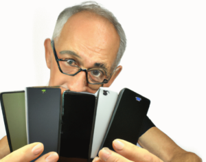 An Image of a man with crazy glasses choosing a phone