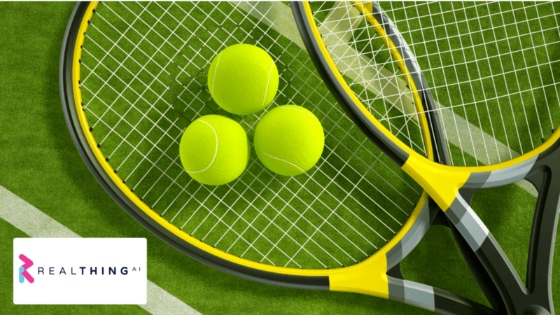 Image of a twi tennis rackets three tennis balls on a green gras court. The RealThing Ai logo is placed in the botton right corner