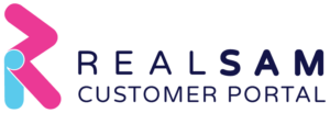 Logo for the Real Sam customer portal with a pink and blue R and the words Real Sam customer portal in dark blue