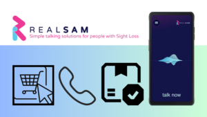 Image shows the RealSAM logo with 3 graphics. A shopping cart, a phone and a tick plus an image of a RealSAM Phone