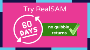 Try RealSAM for 60 days. No quibble returns is written on a pink background