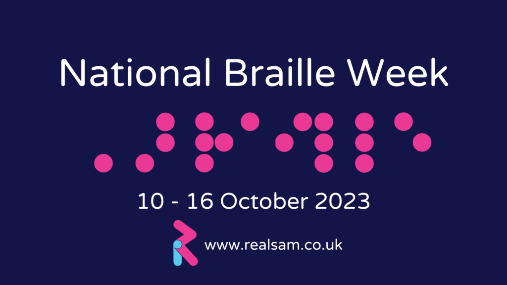 Logo for National Braille week written in white and pink text on a dark blue background