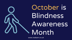 Image shows an outline of a person walking with a white cane alongside the test reading October is Blindness Awareness Month
