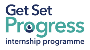Get Set Progress internship programme logo. ‘Progress’ is in a teal colour. The rest of the font is dark blue. There is a little icon of a person and an eye looking up in the O of Progress.