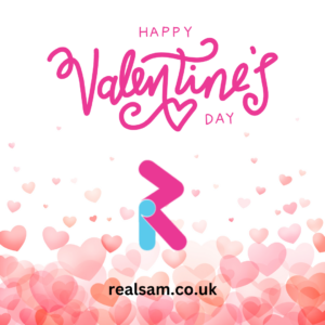 ‘Happy Valentine’s Day’ written in pink print and cursive letters with a heart. The RealSAM logo ‘realsam.co.uk’ underneath. The background is white with a bunch of pink hearts at the bottom.
