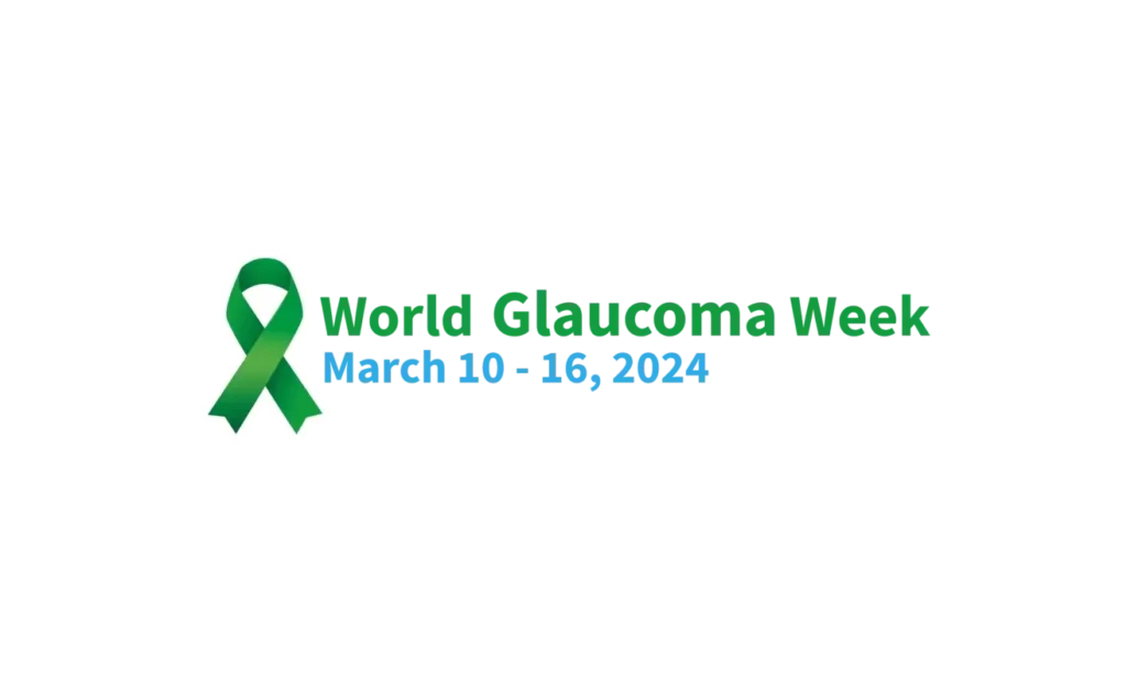 Logo for World Glaucoma week. A green ribbon alongside the text World Glaucome Week and the date March 10-16 2024