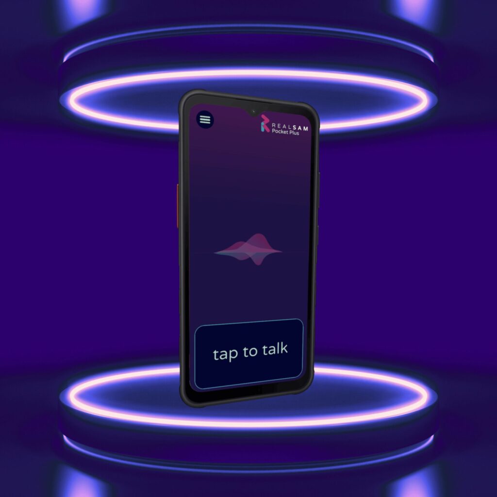 RealSAM Pocket Plus Mobile phone on a stage illluminated by purple lights