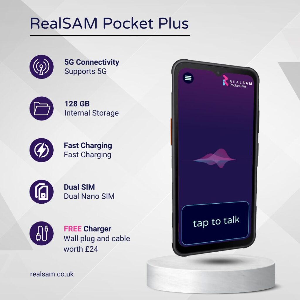 A RealSAM Pocket Plus handset sits on a white podium.