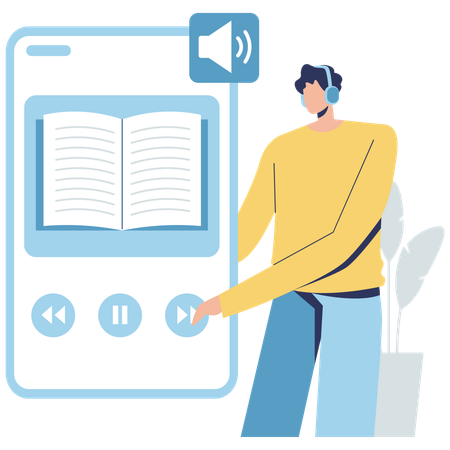 Man wearing yellow jumper and jeans with headphones listening to RealSam book Club