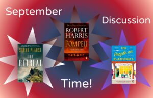 Image description: The three book covers are displayed in the centre of three separate stars. The words ‘September Discussion Time’ are displayed around the stars. The background of the image is a grey-warm autumn orange–berry gradient circle.