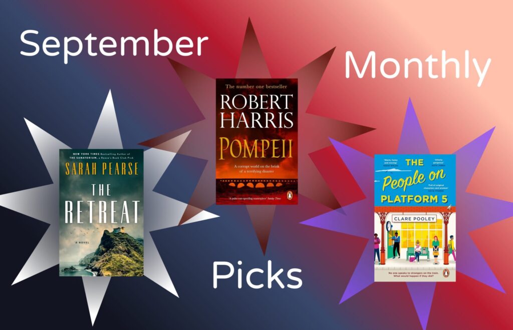 The image is showing the covers of the September RealSAM accessible BookClub reading picks. The cover of each book is displayed in the centre of a star, with the words ‘September Monthly Picks’ dispersed around the stars. The book covers are displayed against a grey— red gradient background.
