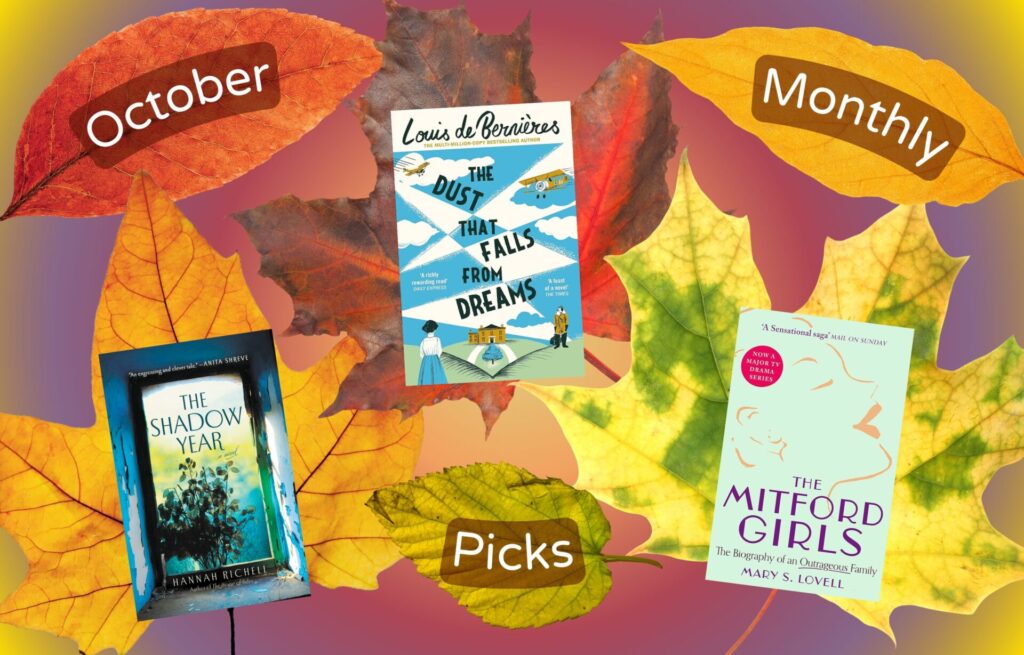 the covers of each book is displayed in the center of an autumn leaf, with the words ‘September Monthly Picks’ dispersed around the edges, each word in is also in the middle of an autumn leaf. The leaves are displayed against a yellow— purple—salmon orange circular gradient background.