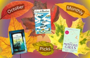 the covers of each book is displayed in the center of an autumn leaf, with the words ‘September Monthly Picks’ dispersed around the edges, each word in is also in the middle of an autumn leaf. The leaves are displayed against a yellow— purple—salmon orange circular gradient background.