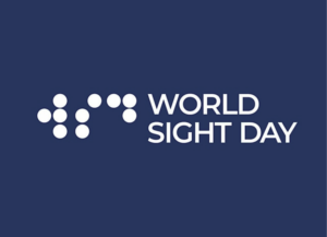 The World Sight Day logo is displayed in white on top of a navy blue background.