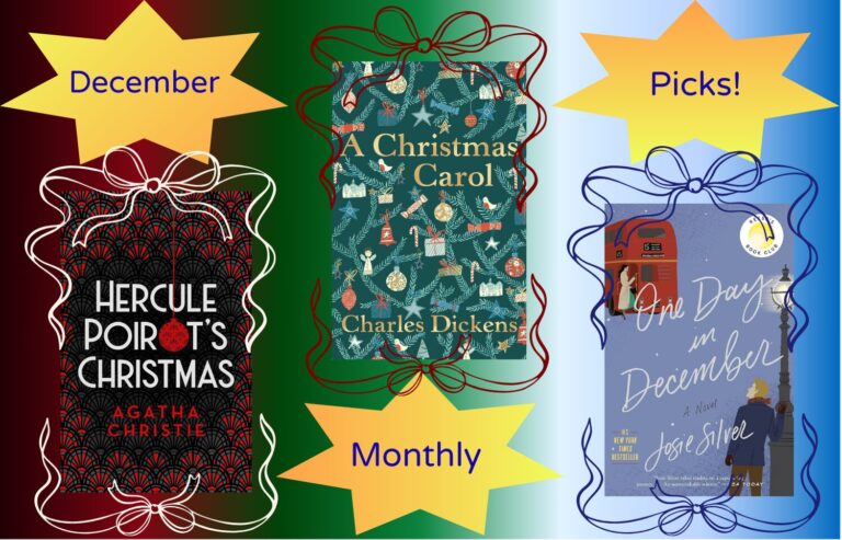 A RealSAM BookClub promotional graphic displaying all three December audiobook picks. From left to right: Hercule Poirot’s Christmas framed in a white ribbon, A Christmas Carol framed in a red ribbon, and One Day in December framed in a blue ribbon. The background is divided into three colour gradients: deep red, green, and light blue. Star-shaped labels read “December” above the first book, “Monthly” beneath the centre book, and “Picks!” above the third.