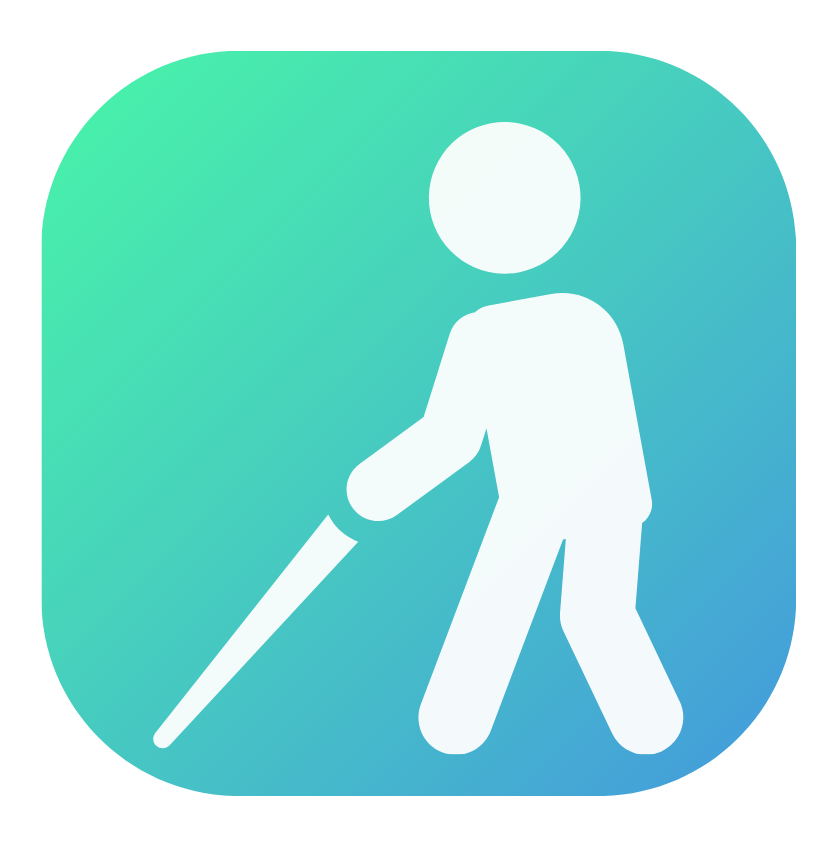 An icon representing Accessibility Apps for Low Vision. It shows a simplified white figure walking with a long cane, symbolising a person with visual impairment. The figure stands against a rounded square background with a smooth gradient shifting from light turquoise to blue, evoking a sense of clarity and support. The design suggests tools or apps that assist people with low vision in navigating their environment safely and independently.