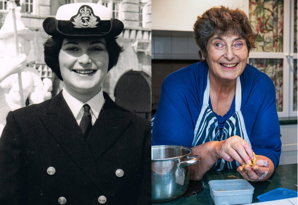 Side-by-side photos of Royal Navy veteran and baker Penny Melville-Brown— one of the UK's most inspiring blind voices. On the left, a black-and-white portrait shows her in naval uniform and cap, smiling confidently. On the right, a recent colour photograph by Joshua Bratt shows her in a bright blue top and striped apron, smiling warmly while preparing food in a kitchen. The image reflects her journey from naval officer to founder of Baking Blind, a project teaching inclusive cooking to people around the world.