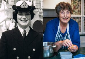 Side-by-side photos of Royal Navy veteran and baker Penny Melville-Brown— one of the UK's most inspiring blind voices. On the left, a black-and-white portrait shows her in naval uniform and cap, smiling confidently. On the right, a recent colour photograph by Joshua Bratt shows her in a bright blue top and striped apron, smiling warmly while preparing food in a kitchen. The image reflects her journey from naval officer to founder of Baking Blind, a project teaching inclusive cooking to people around the world.