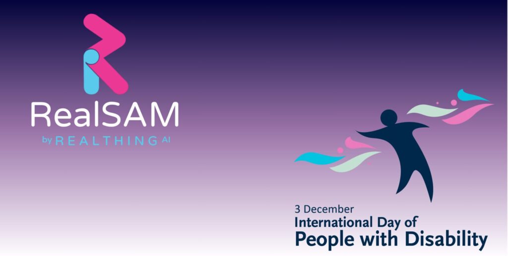 Gradient background with RealSAM logo on the left. On the right, a silhouette dances amongst colourful shapes. The text accompanying the shapes reads "3 December International Day of People with Disability"