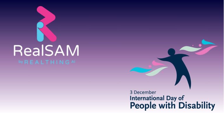 Gradient background with RealSAM logo on the left. On the right, a silhouette dances amongst colourful shapes. The text accompanying the shapes reads "3 December International Day of People with Disability"