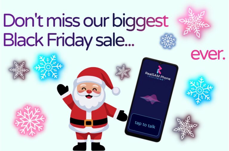 Cheerful Santa graphic against a mint background surrounded by snowflakes and holding a RealSAM phone, promoting our Black Friday sale with the text, "Don't miss our biggest Black Friday sale... ever"