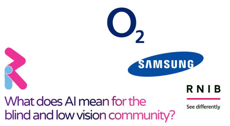 The words “What does AI mean for the blind and low vision community?” are written beneath the RealThing AI logo, on a purple—pink ombre background. Underneath the text are the logos of Samsung, RNIB, and Virgin O2 Media.