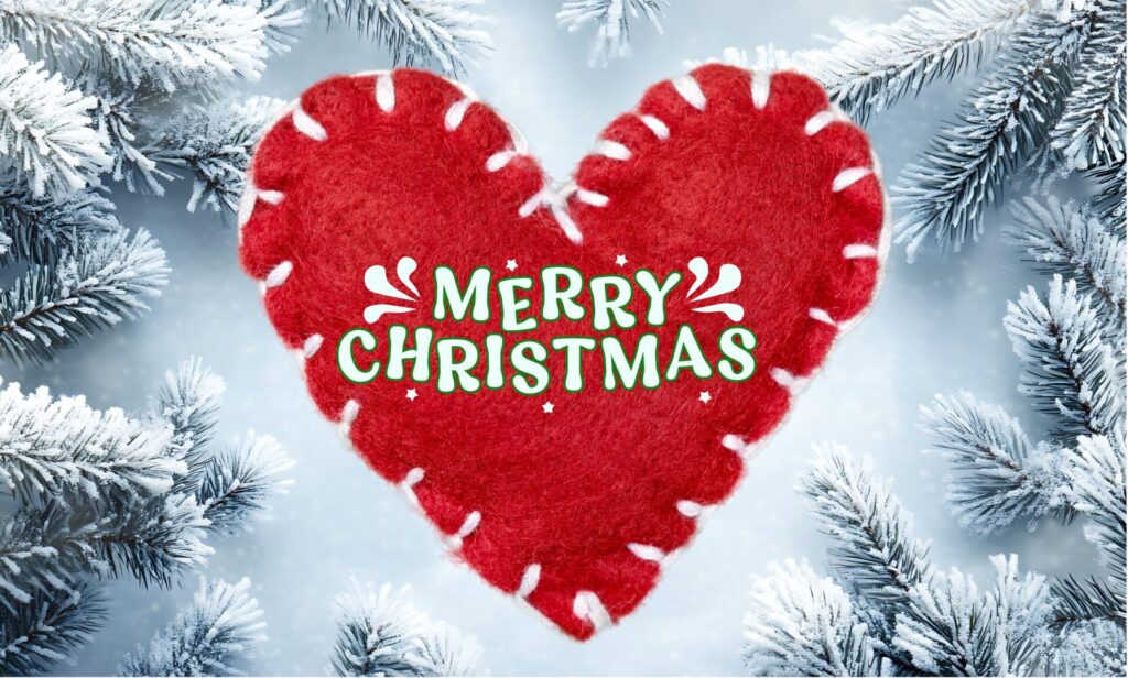 Red felt heart with white stitching, displaying "Merry Christmas" in festive green text. Surrounded by snow-covered pine branches. Cosy and joyful.