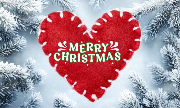 Red felt heart with white stitching, displaying "Merry Christmas" in festive green text. Surrounded by snow-covered pine branches. Cosy and joyful.
