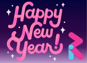 Pink “Happy New Year!” text with sparkling stars on a purple gradient background. A stylised pink-and-blue letter "R" in the lower-right corner symbolises the RealThing AI logo.