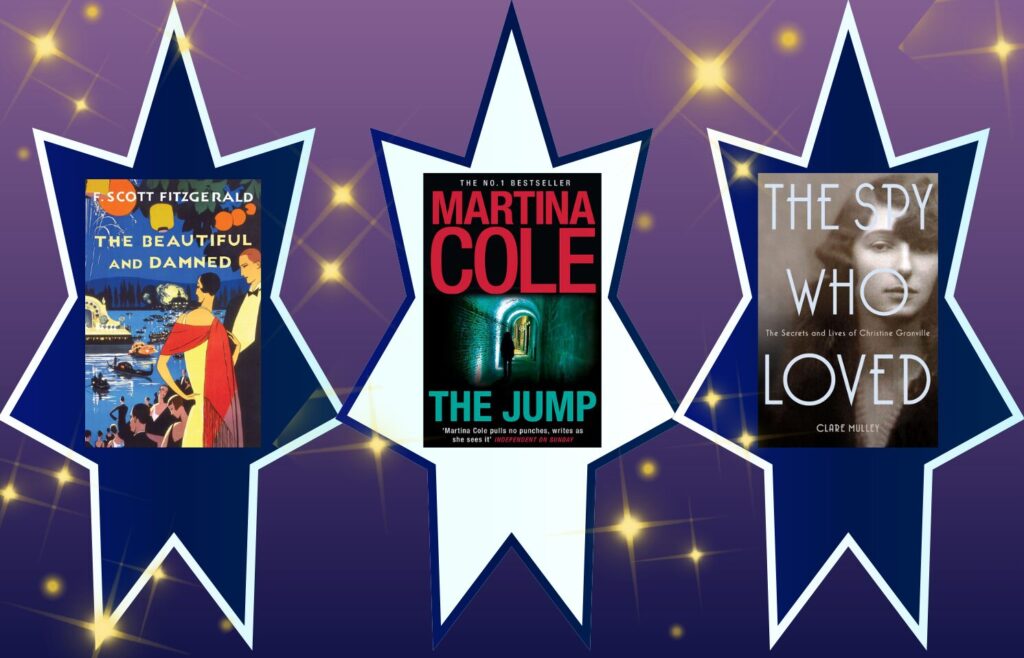 The three January BookClub discussion titles appear on star-shaped frames against a purple background with sparkles. Titles: "The Beautiful and Damned," "The Jump," and "The Spy Who Loved."