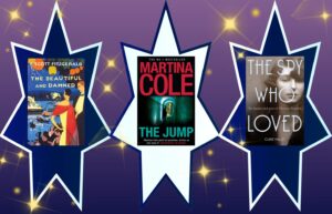 The three January BookClub discussion titles appear on star-shaped frames against a purple background with sparkles. Titles: "The Beautiful and Damned," "The Jump," and "The Spy Who Loved."