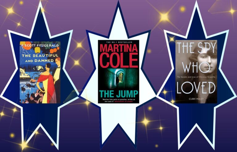 The three January BookClub discussion titles appear on star-shaped frames against a purple background with sparkles. Titles: "The Beautiful and Damned," "The Jump," and "The Spy Who Loved."