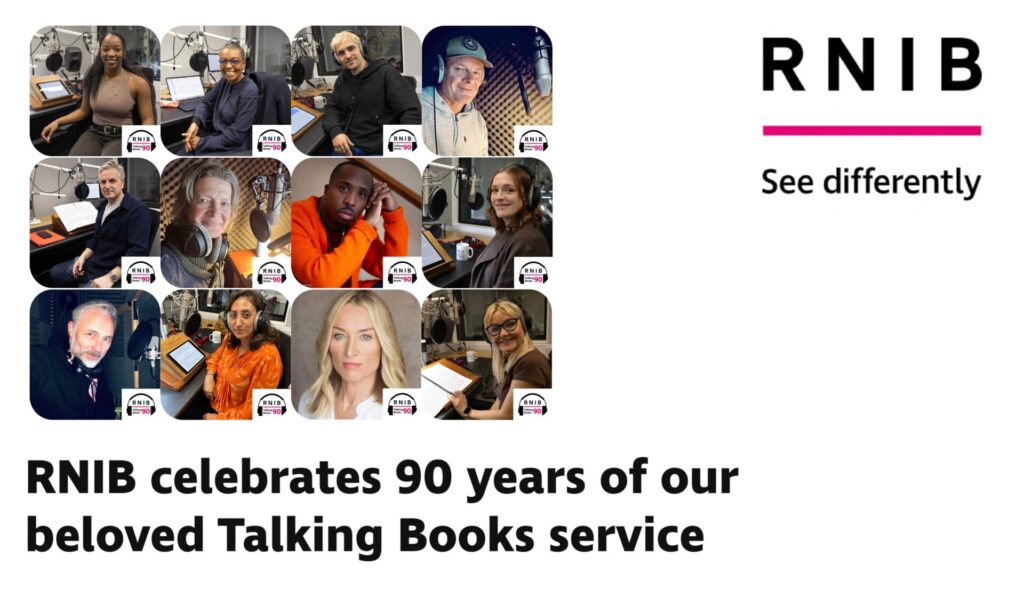 A grid of 12 images of celebrities in recording booths, to celebrate RNIB's 90th anniversary of Talking Books. Each smiles warmly, conveying a sense of pride and accomplishment. The grid sits on a white background, on which the text "RNIB celebrates 90 years of our beloved Talking Books service" sits beside the RNIB logo.