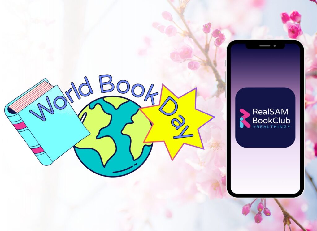Illustration of a globe with a book and star, text "World Book Day." A smartphone displays "RealSAM BookClub" logo. Blossoms in the background.