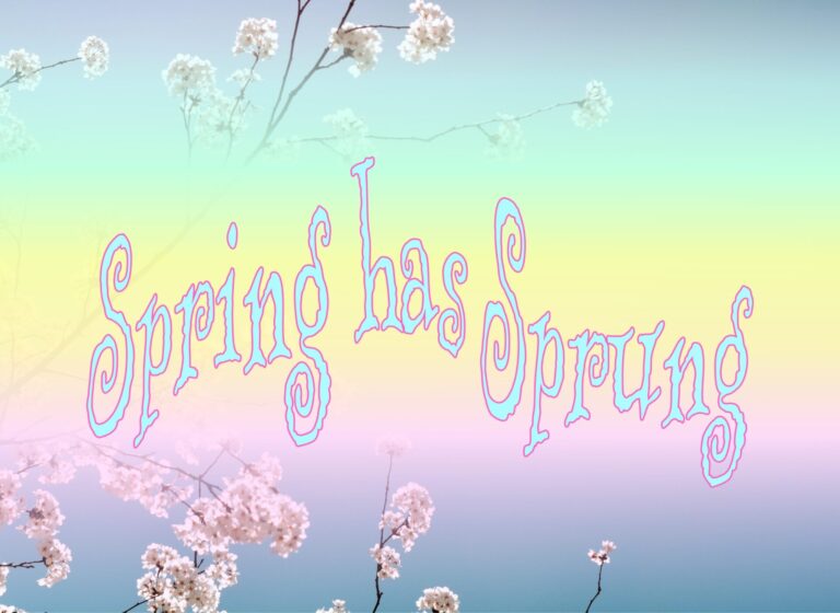 A pastel gradient background is overlaid over the top of an image of blooming cherry blossom branches. The text "Spring has Sprung" in whimsical font conveys a joyful, seasonal theme, celebrating how gardening without sight can provide an enriching sensory experience and enhance springtime wonder.
