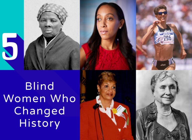 A collage of historical and contemporary portraits of five powerful blind women who have altered American history, each in different settings. Below the portraits, white text on an electric blue background reads: "5 Blind Women Who Changed History."