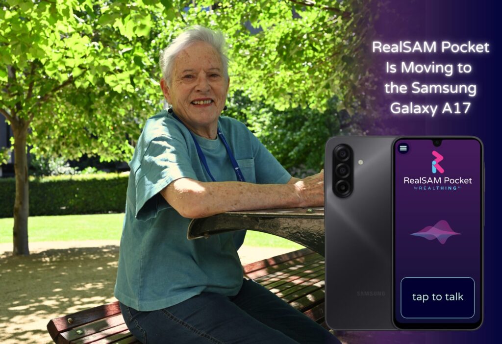 An elderly person in a park smiles while sitting on a bench under green trees. Text to the right of the image reads "RealSAM Pocket is Moving to Samsung Galaxy A17", above an image of the Samsung A17 phone model.