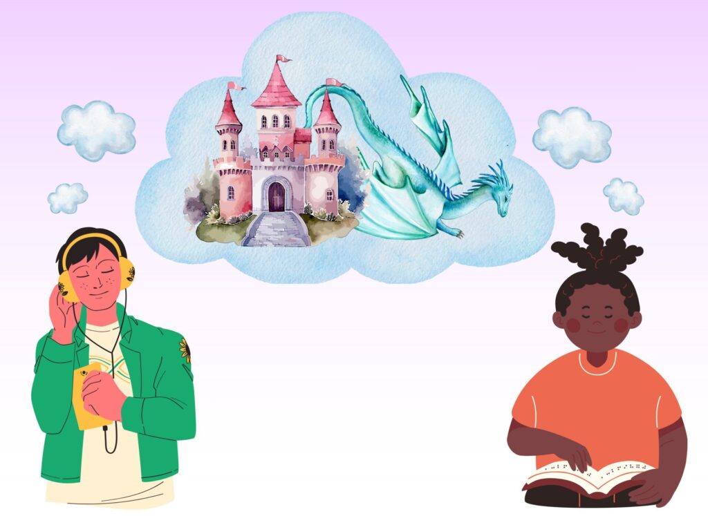 Two people, one listening to an audiobook and another reading braille, imagine a dragon and a castle, which is shown in a cloud above their heads, symbolising the many different ways that blind people read. Peaceful and dreamy tone.