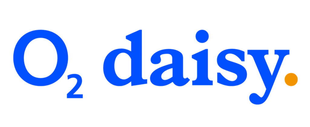 The O2 daisy logo in bright blue with an orange full stop at the end.