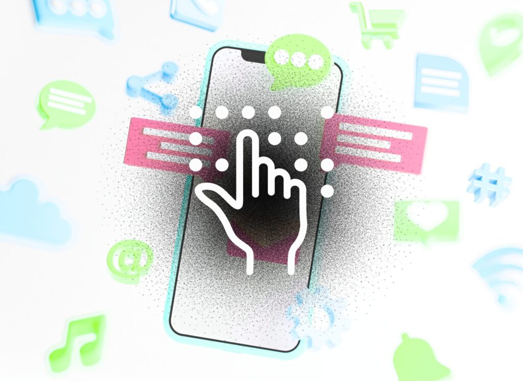 A smartphone with a hand icon tapping the screen is surrounded by social media icons, like speech bubbles and music notes, symbolising digital interaction.