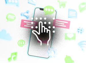A smartphone with a hand icon tapping the screen is surrounded by social media icons, like speech bubbles and music notes, symbolising digital interaction.
