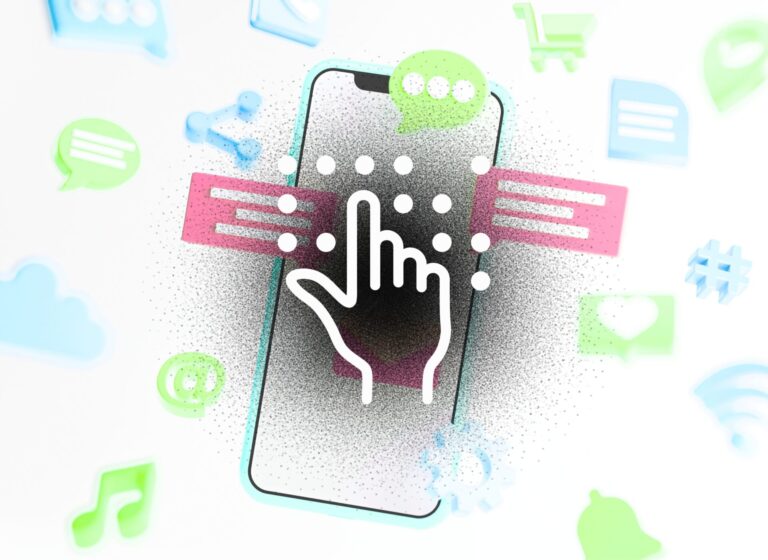 A smartphone with a hand icon tapping the screen is surrounded by social media icons, like speech bubbles and music notes, symbolising digital interaction.