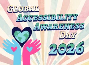 Colourful illustration for RealSAM Pocket & GAAD2026. with blue and pink hands holding up a navy blue heart with a heart-shaped globe in the centre. The hands are surrounded by rays of colour.