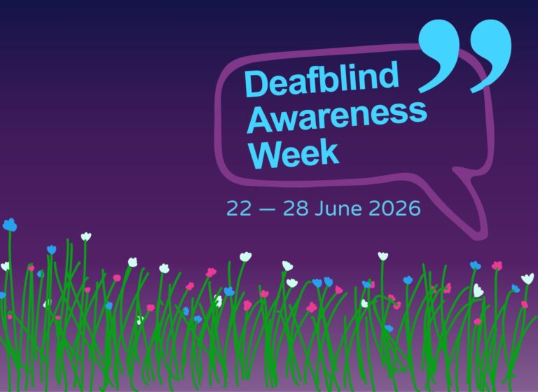A graphic for Deafblind Awareness Week 22–28 June 2026, with the text "Deafblind Awareness Week" in a speech bubble on a deep purple gradient background, with colourful wildflowers at the bottom.