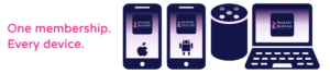 Promotional graphic for RealSAM BookClub showing Android and Apple phones, smart speaker, and laptop; “One membership. Every device.” From £5.99 monthly.