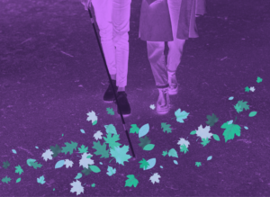 Purple-toned image of two people walking outdoors, one using a long cane, with vivid teal, green, and white leaves scattered across the path.
