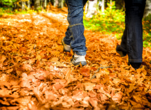 An image to represent 'autumn activities for blind and visually impaired people', depicting two people walking along a forest trail blanketed in crisp autumn leaves, wearing jeans and boots; warm sunlight creates a peaceful mood.
